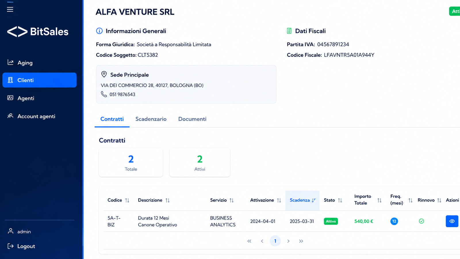 Scheda cliente in BitSales con contratti, attività e dati principali